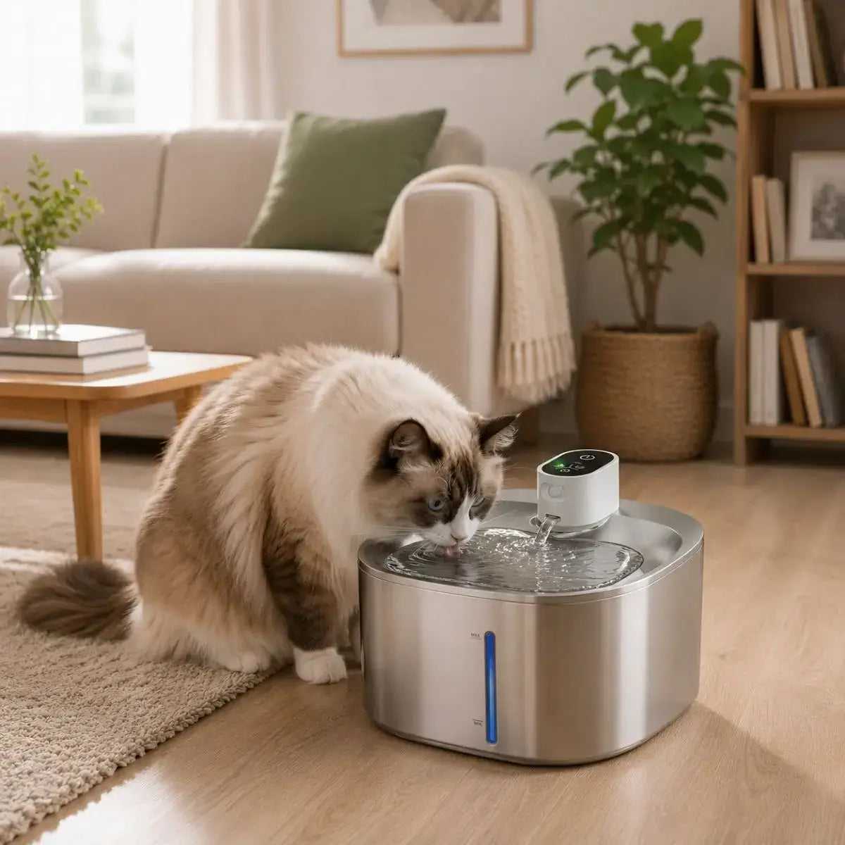 Fontaine à Eau pour Chat Sans Fil - Inox 4 L avec un chat en train de boire