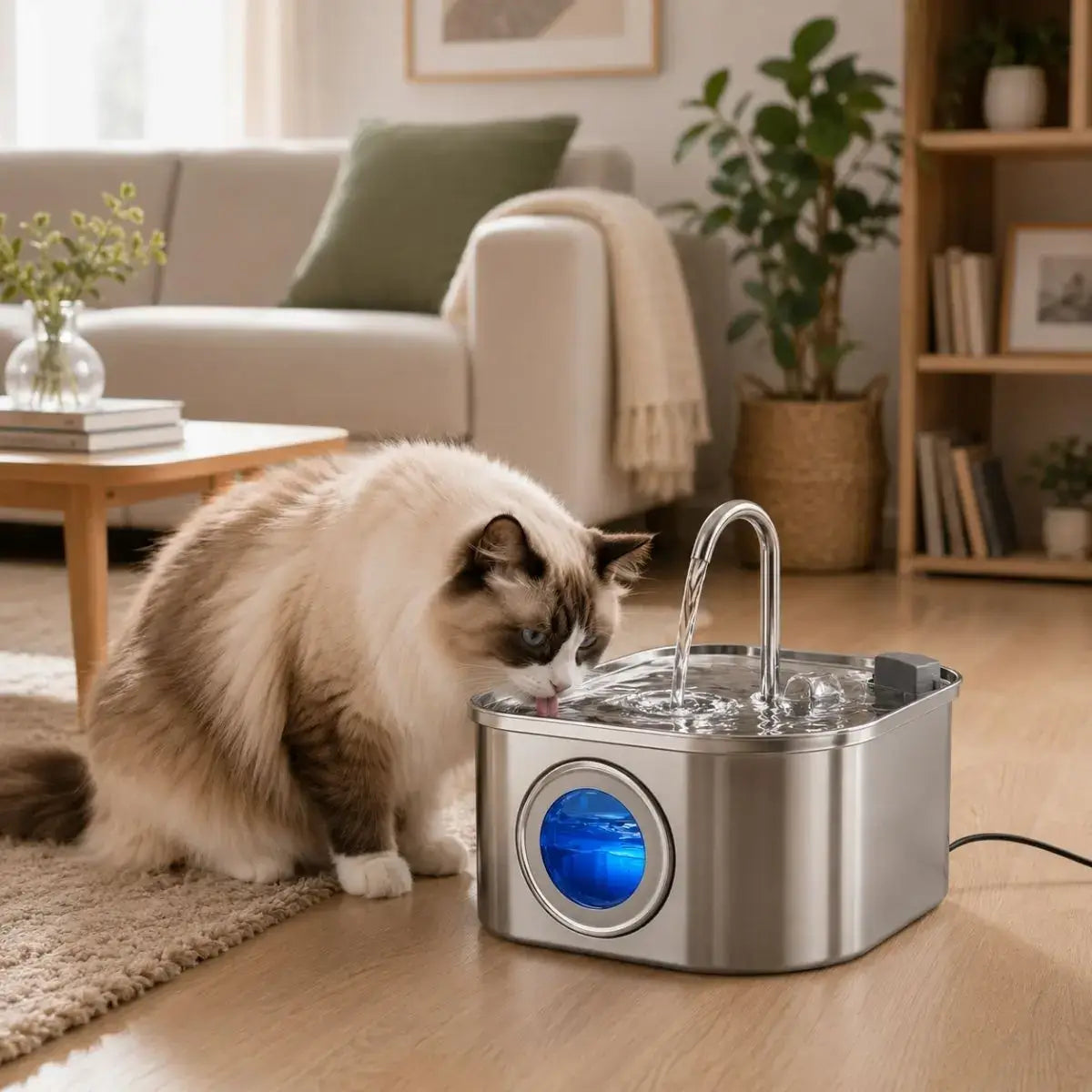 Fontaine à Eau pour Chat en Inox 3,2 L - Filaire avec un chat en train de boire
