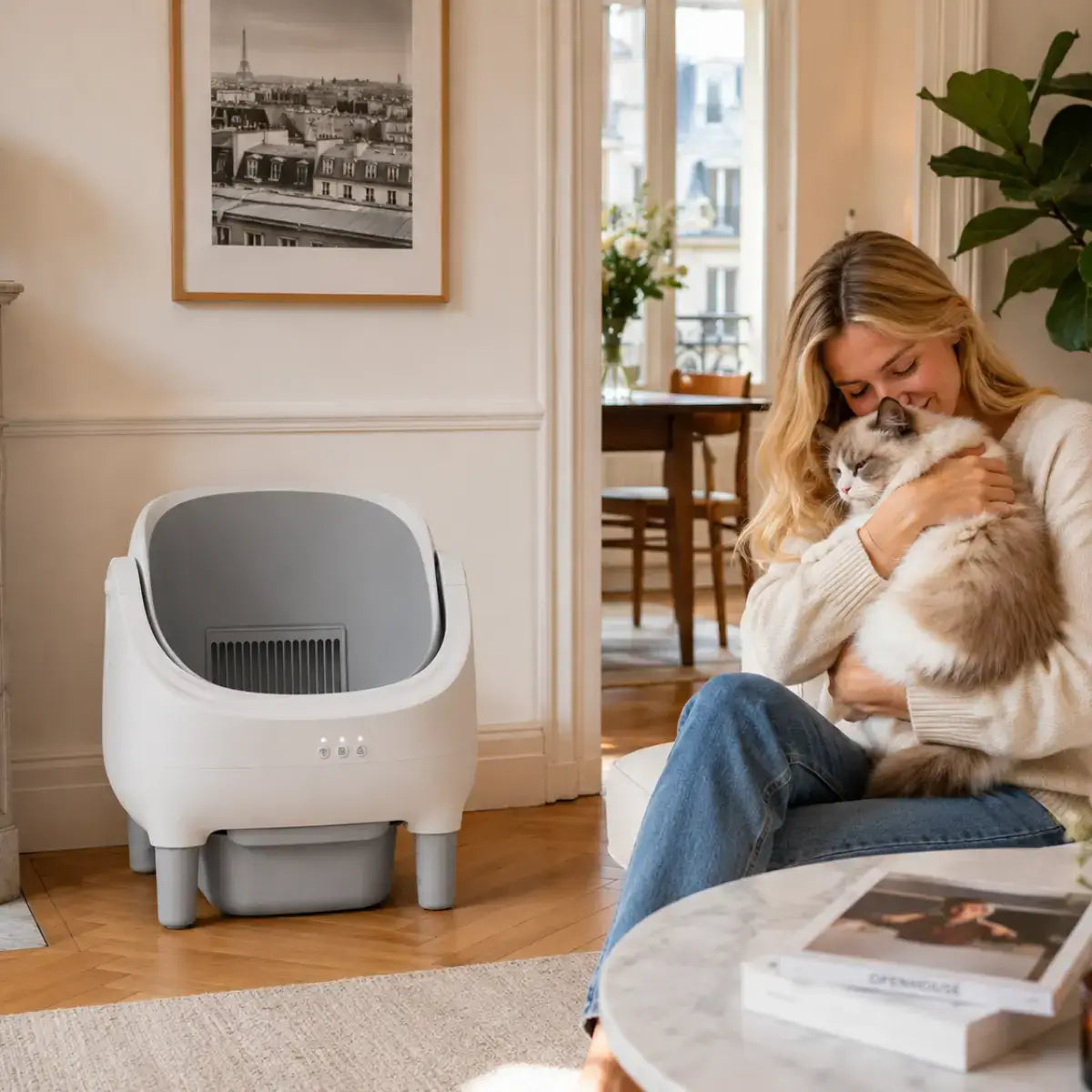 Litière Automatique Ouverte pour Chat dans un salon parisien avec une femme câlinant son chat