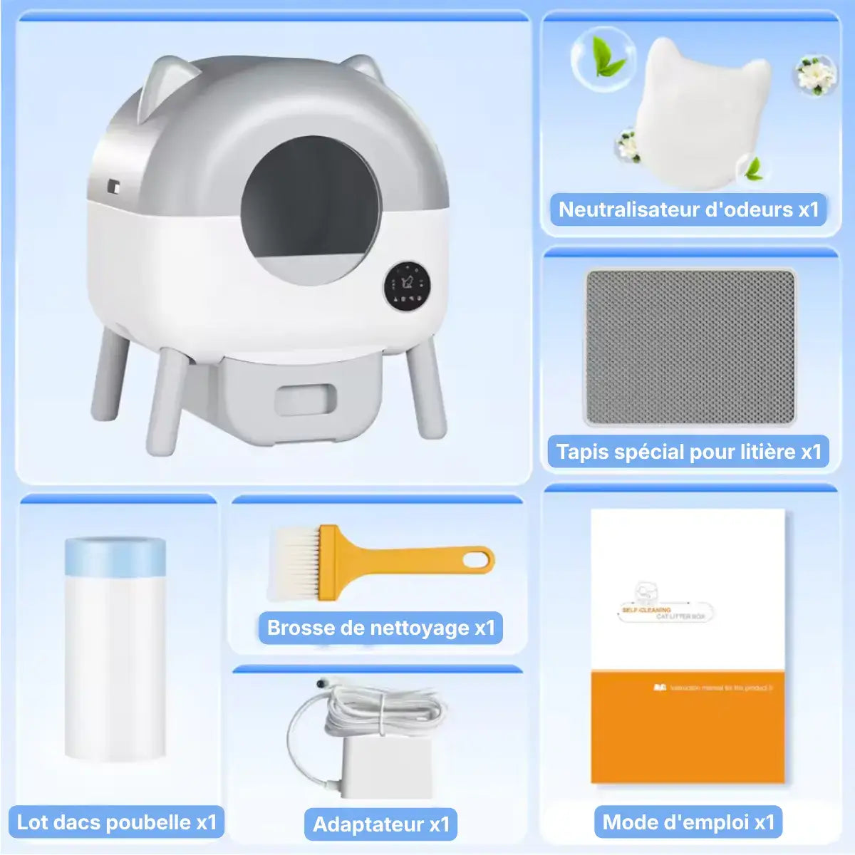 Litiere Automatique pour Chat 95L contenu du pack