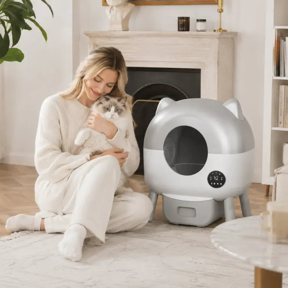 Litiere Automatique pour Chat 95L dans un salon parisien et une femme câlinant son chat