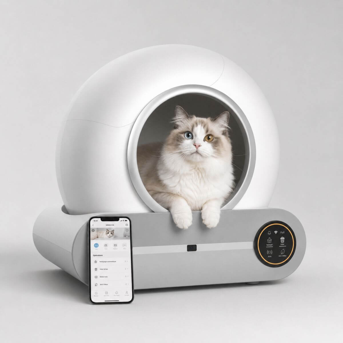 Litiere Automatique pour Chat Blanc Autonettoyante avec un chat à l'intérieur