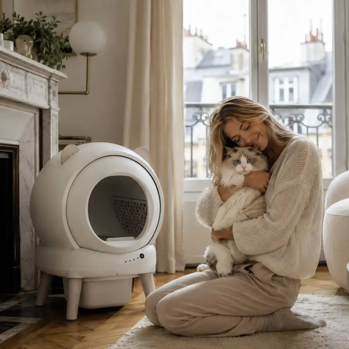 Litière automatique Lunova dans appartement parisien avec une femme calinant son chat