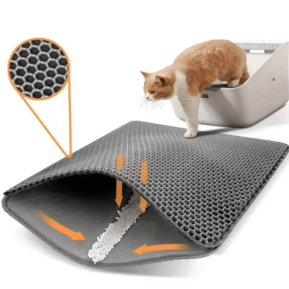 Tapis de Litière pour Chat Double Couche - EVA gris avec un chat dessus