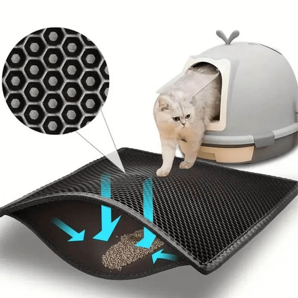 Tapis de Litière pour Chat Double Couche - EVA noir avec un chat dessus