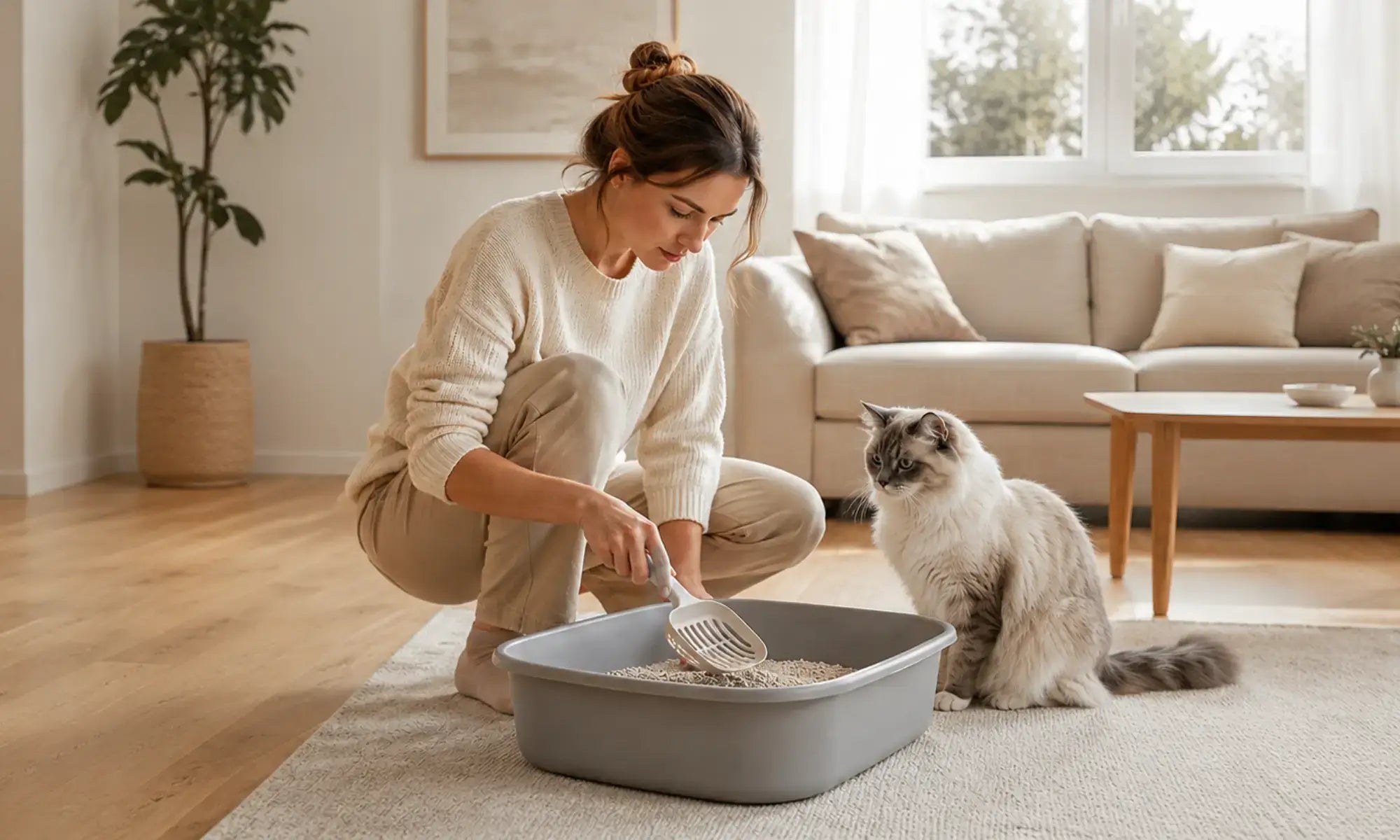 femme changeant la litière pour chat dans son salon