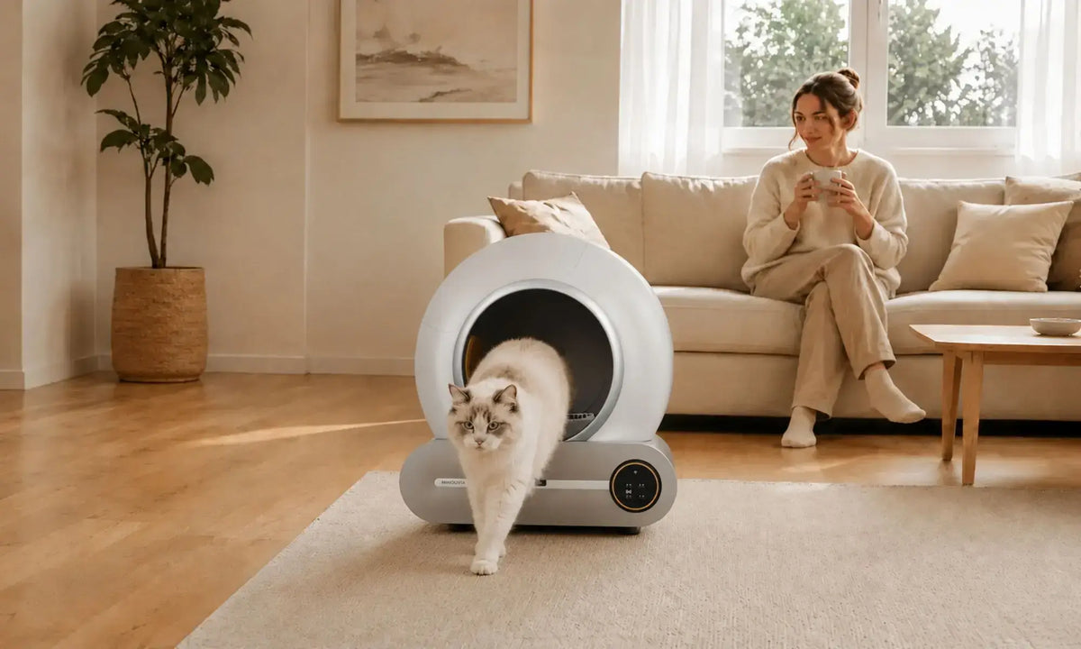 chat dans une litière automatique dans un salon avec femme sur canape