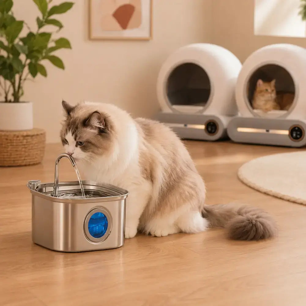 Fontaine à Eau pour Chat avec un chat qui boit dans un salon
