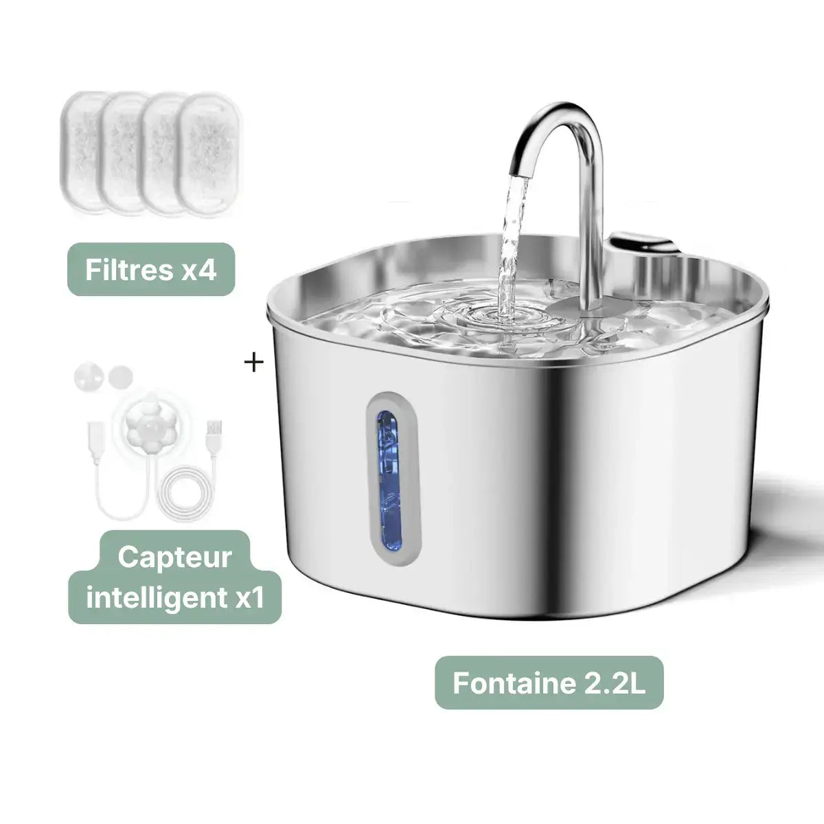 Fontaine à Eau Chat Automatique - Inox 2,2 L contenu du colis