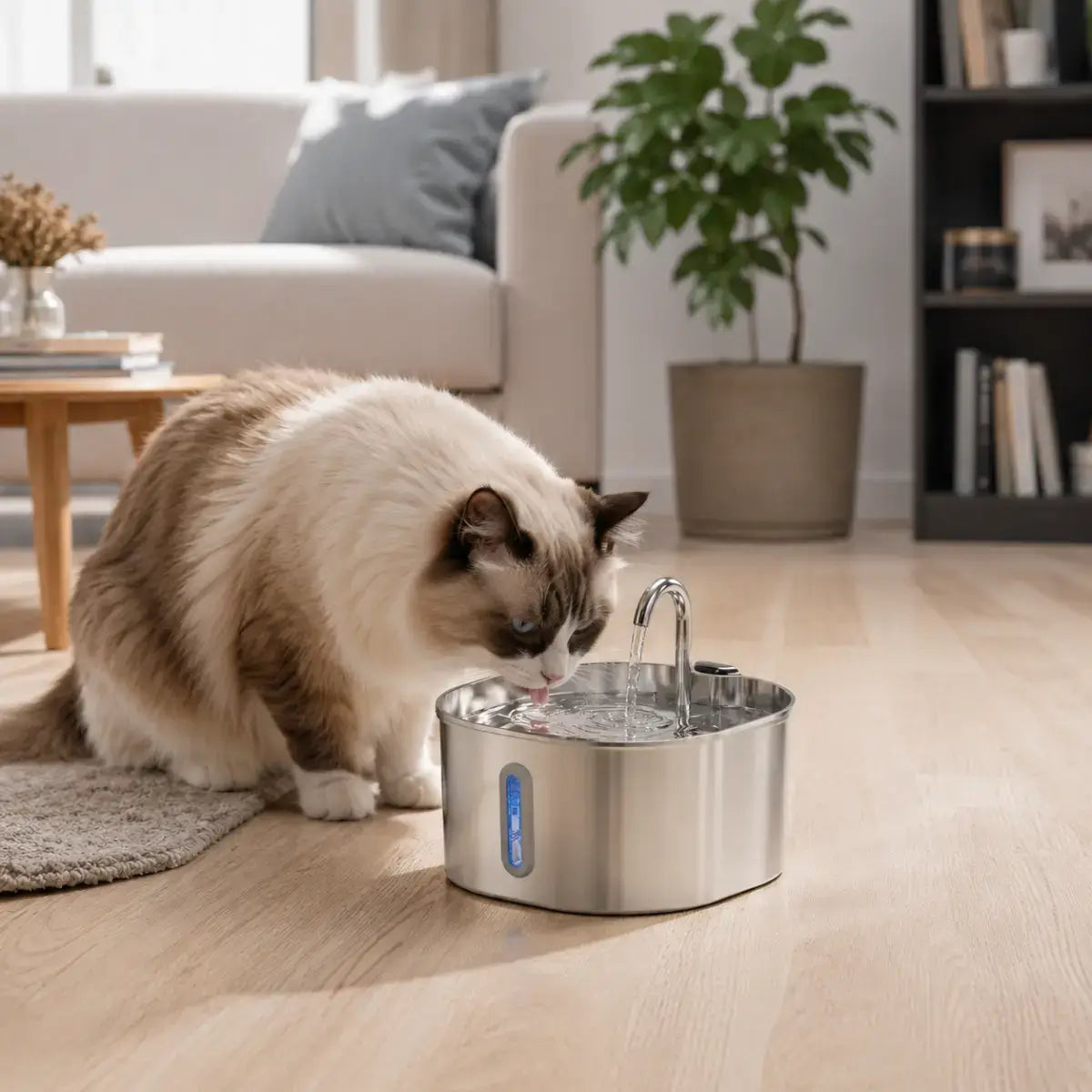 Fontaine à Eau Chat Automatique - Inox 2,2 L avec un chat en train de boire dans un salon