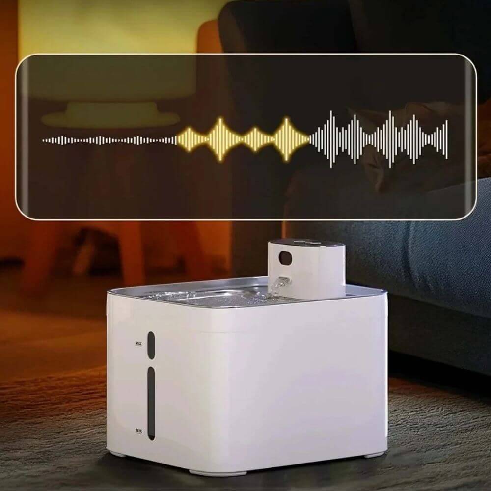 Fontaine à Eau pour Chat - Inox 4,2 L Sans Fil blanc avec schéma décibel