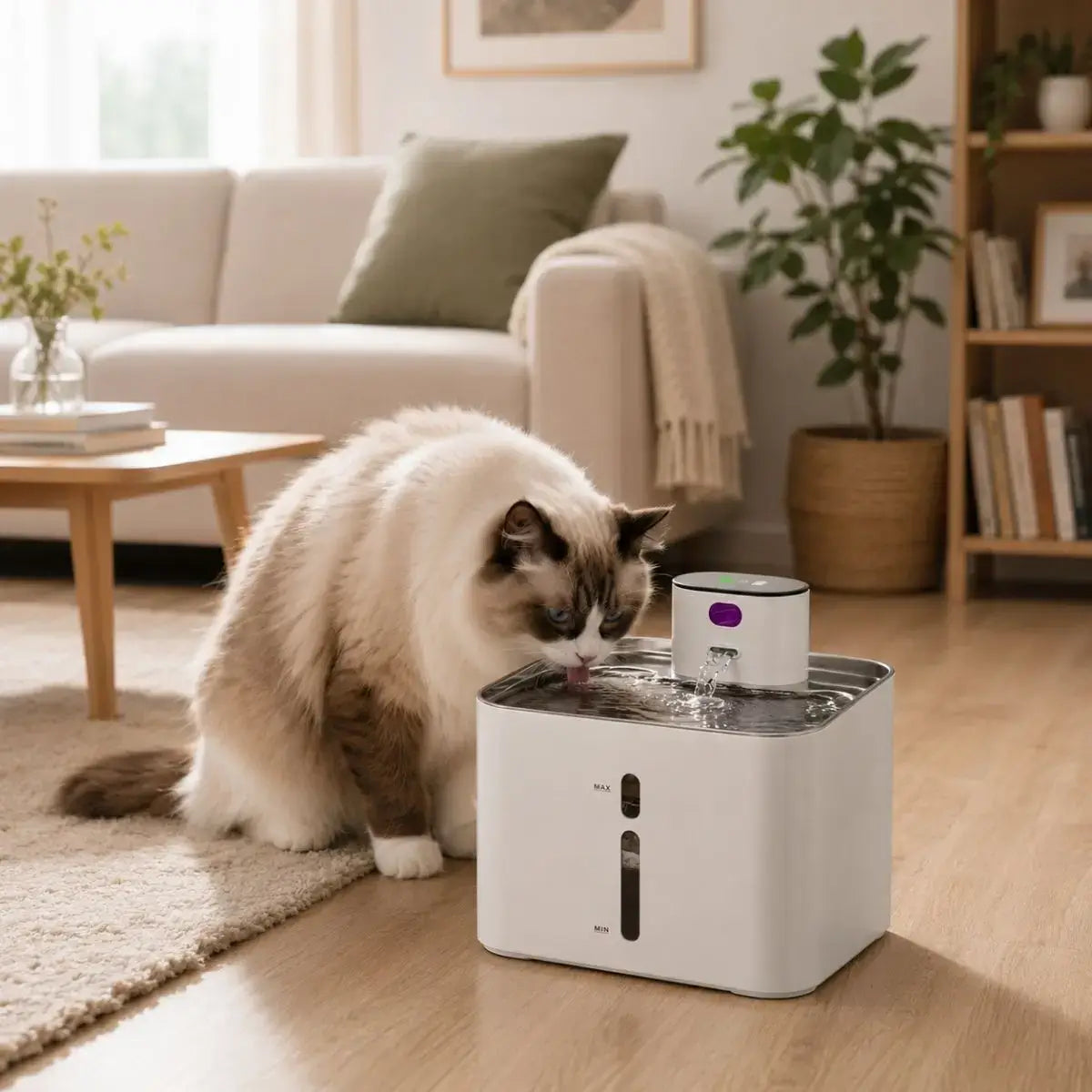 Fontaine à Eau pour Chat - Inox 4,2 L Sans Fil blanche avec un chat en train de boire