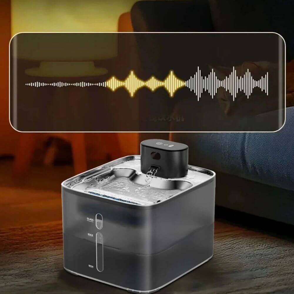Fontaine à Eau pour Chat - Inox 4,2 L Sans Fil noir avec schéma décibel