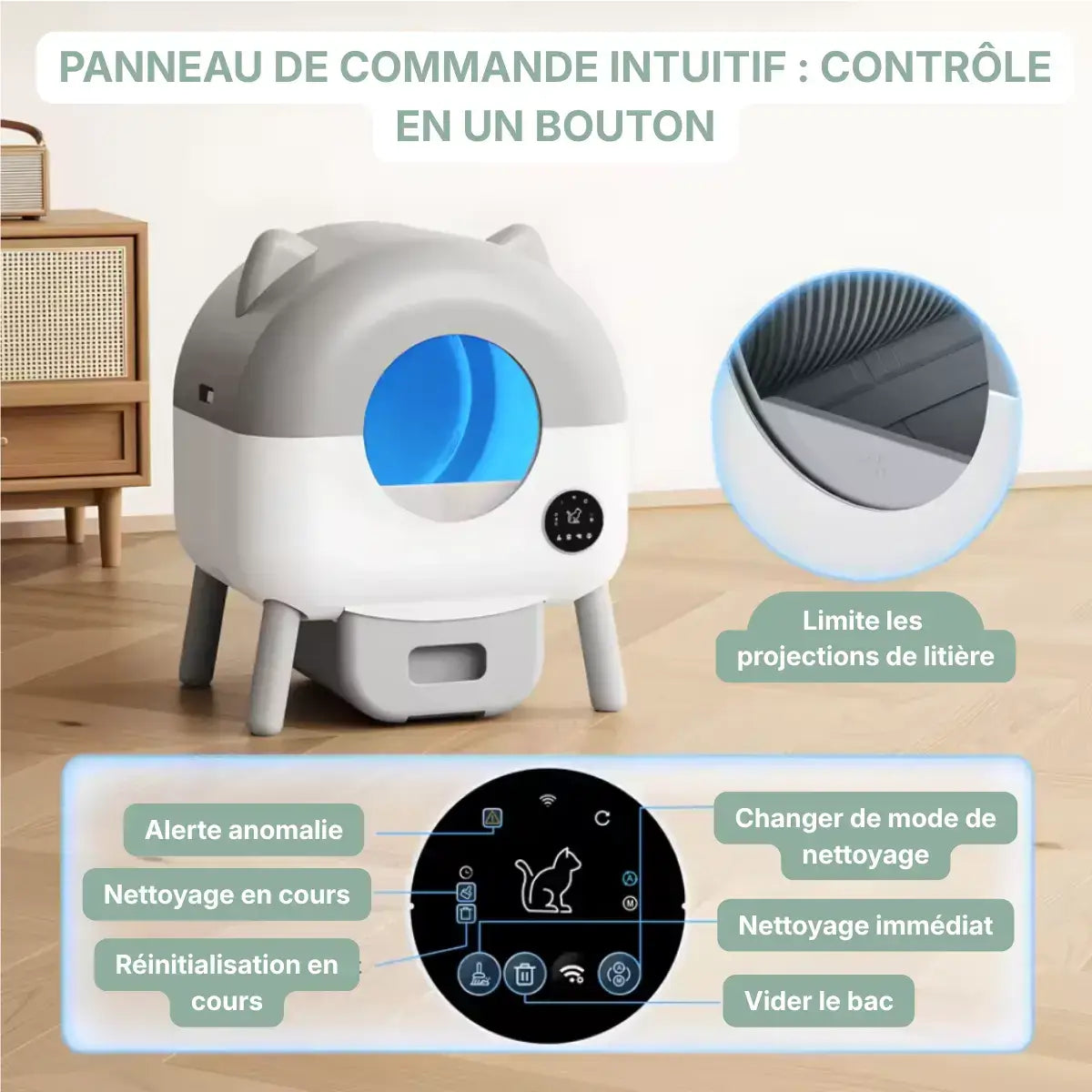 Litiere Automatique pour Chat 95L bouton de contrôle