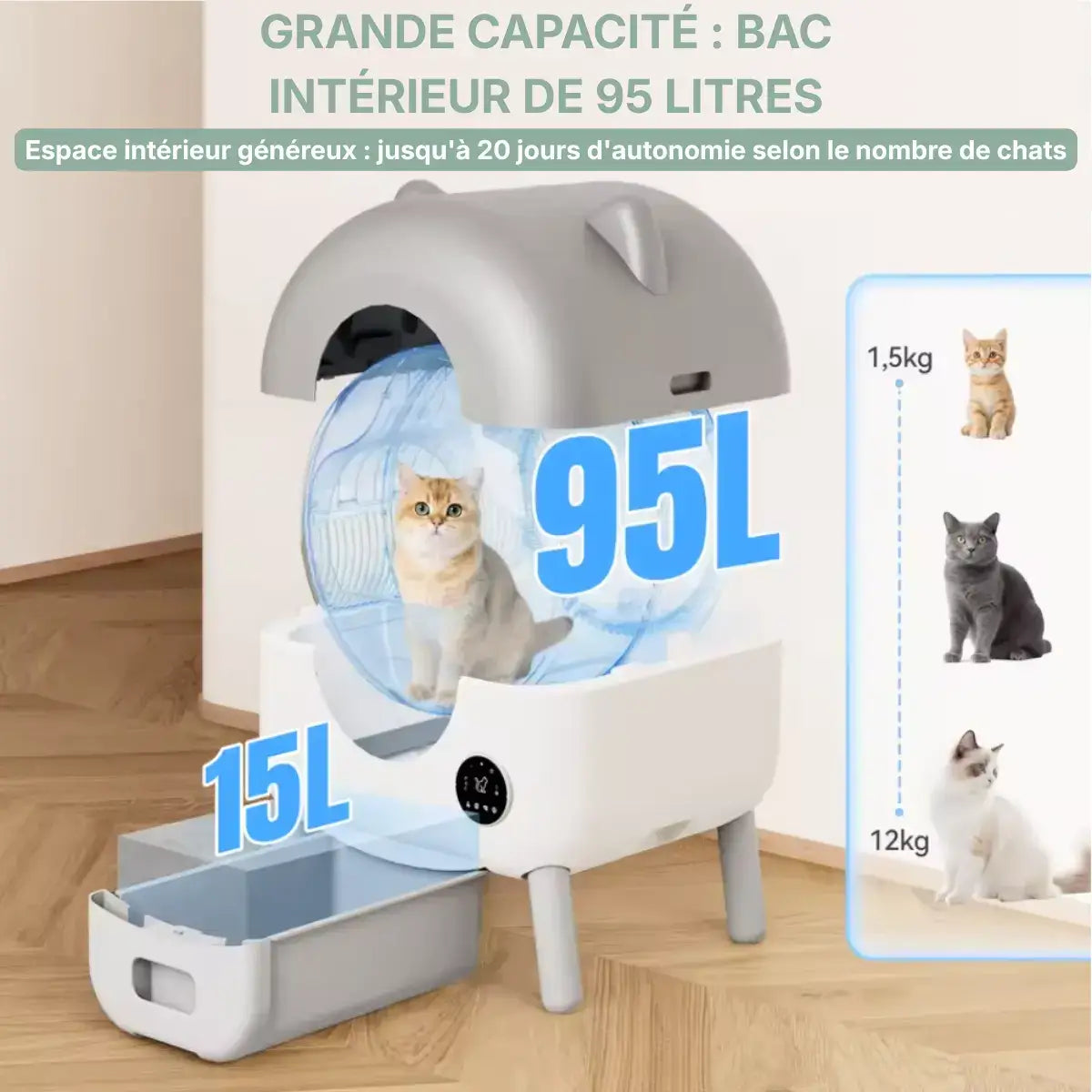 Litiere Automatique pour Chat 95L capacité du bac
