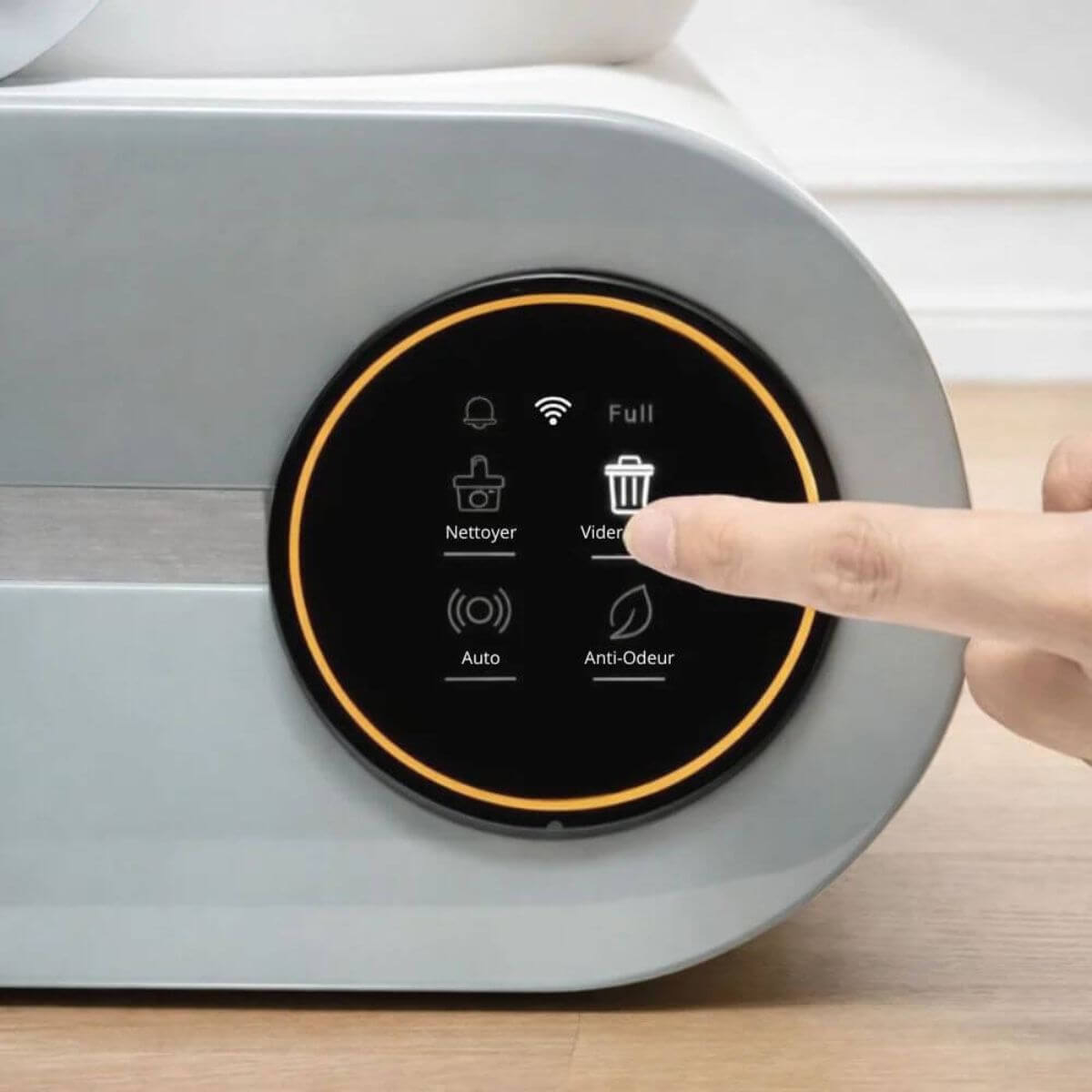 Litiere Automatique pour Chat Blanc Autonettoyante photo zoom sur le bouton de réglage