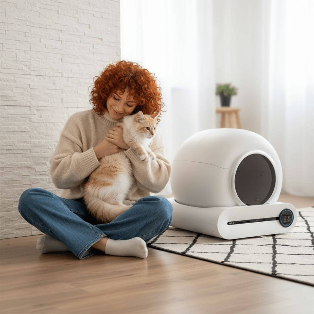 Litiere Automatique pour Chat Blanc Autonettoyante dans un salon avec une femme câlinant un chat