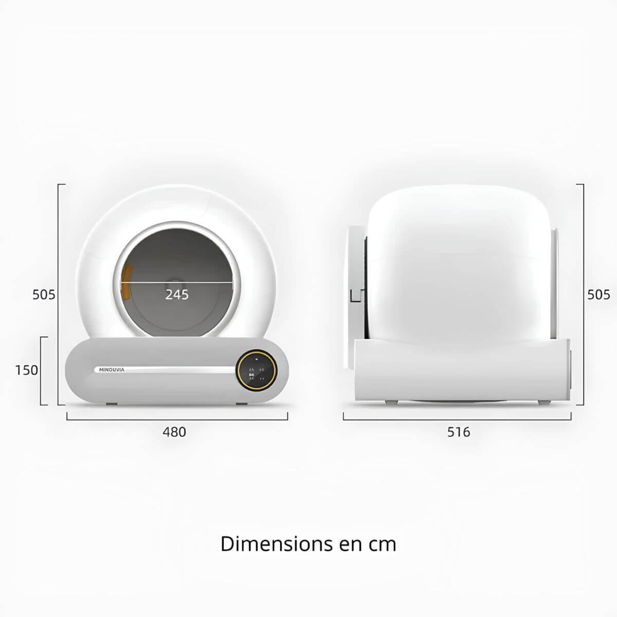 Litiere Automatique pour Chat Blanc Autonettoyante avec les dimensions en cm