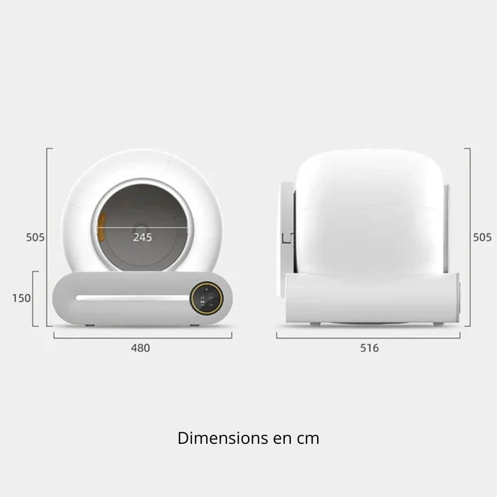 Litiere Automatique pour Chat Blanc Autonettoyante avec les dimensions en cm