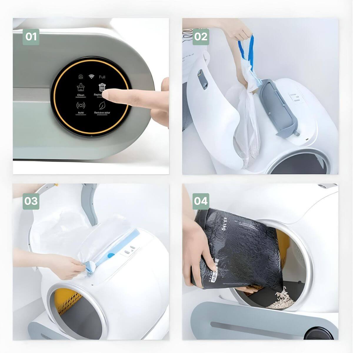 Litiere Automatique pour Chat Blanc Autonettoyante étapes de fonctionnement mode d'emploi