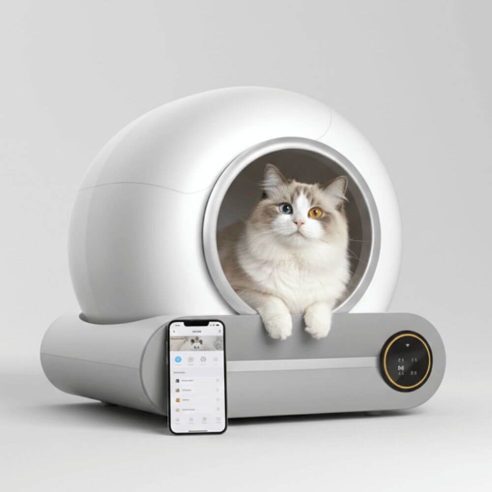Litiere Automatique pour Chat Blanc Autonettoyante avec un chat à l'intérieur