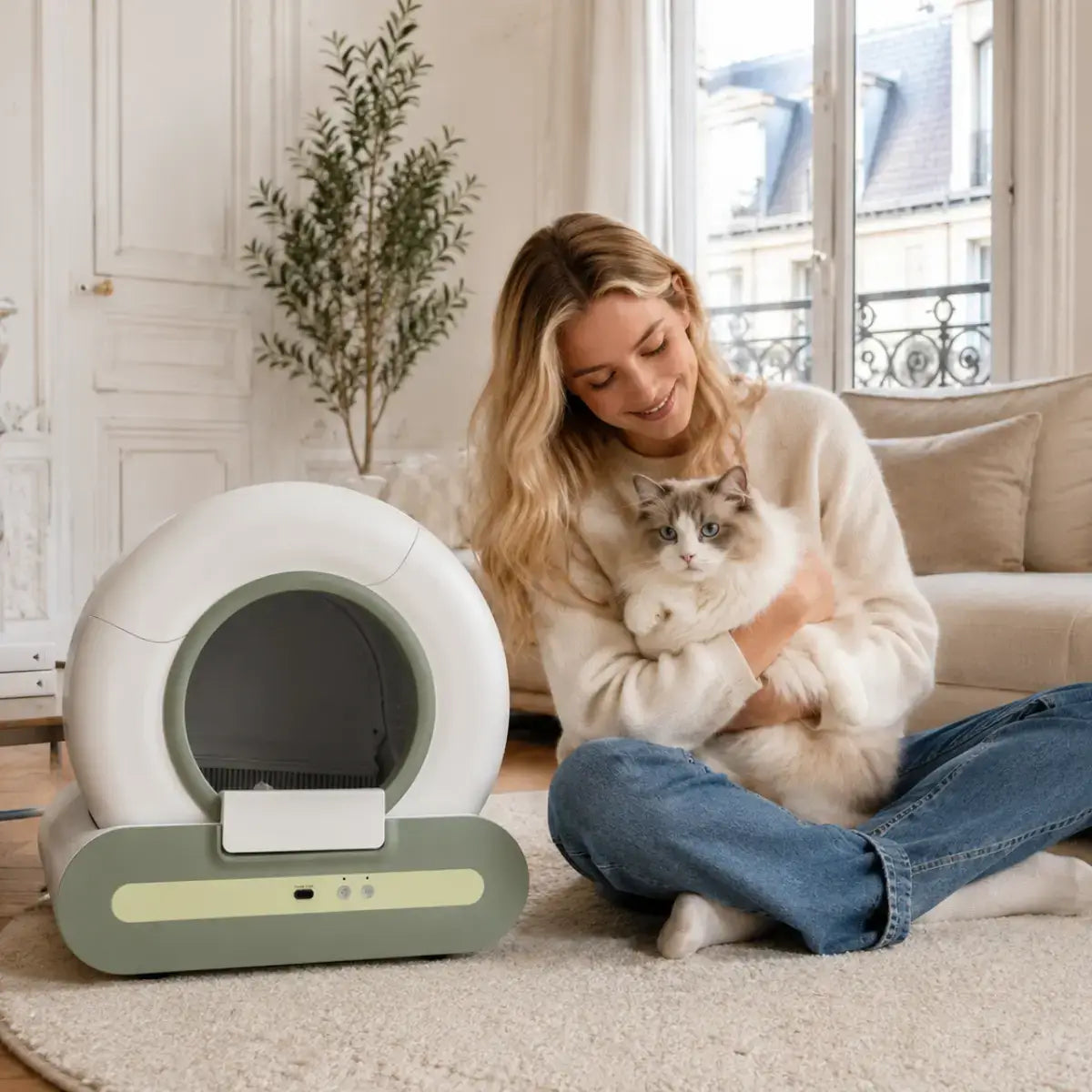 Litière Automatique pour Chat Vert Sauge photo dans un salon parisien avec une femme câlinant son chat