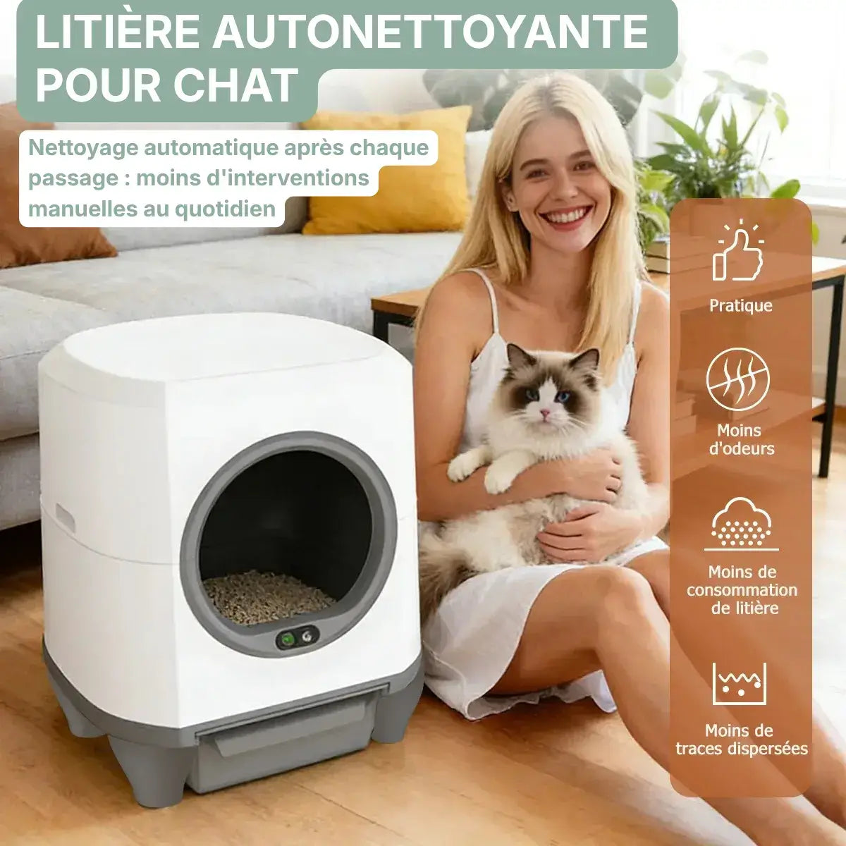 Litiere automatique CocoonPro bénéfices avec femme et son chat