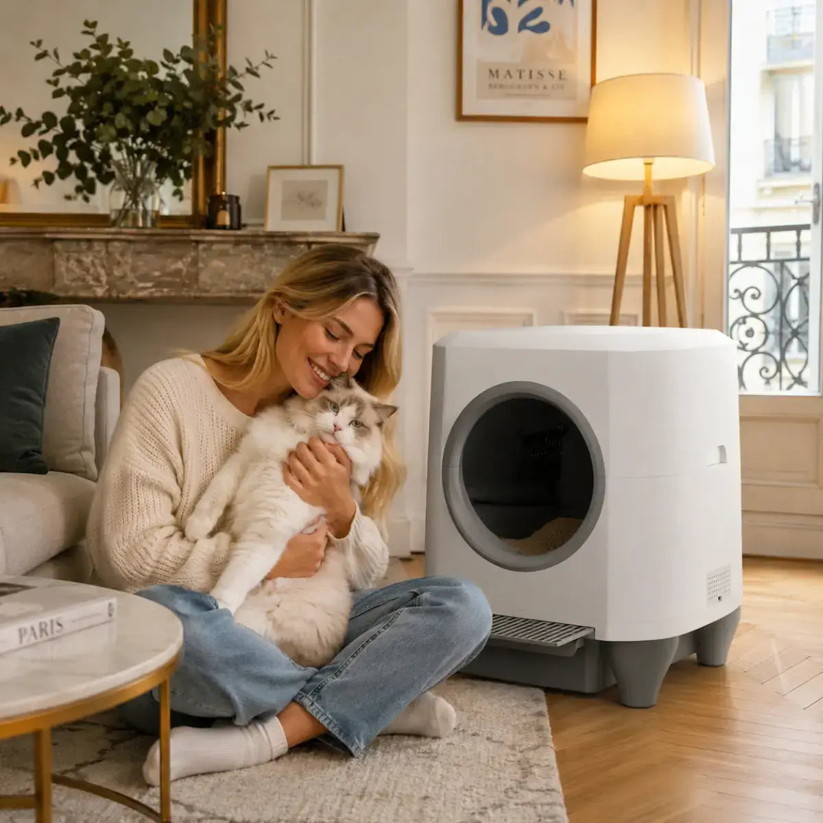 Litiere automatique CocoonPro dans un salon parisien avec une femme et son chat