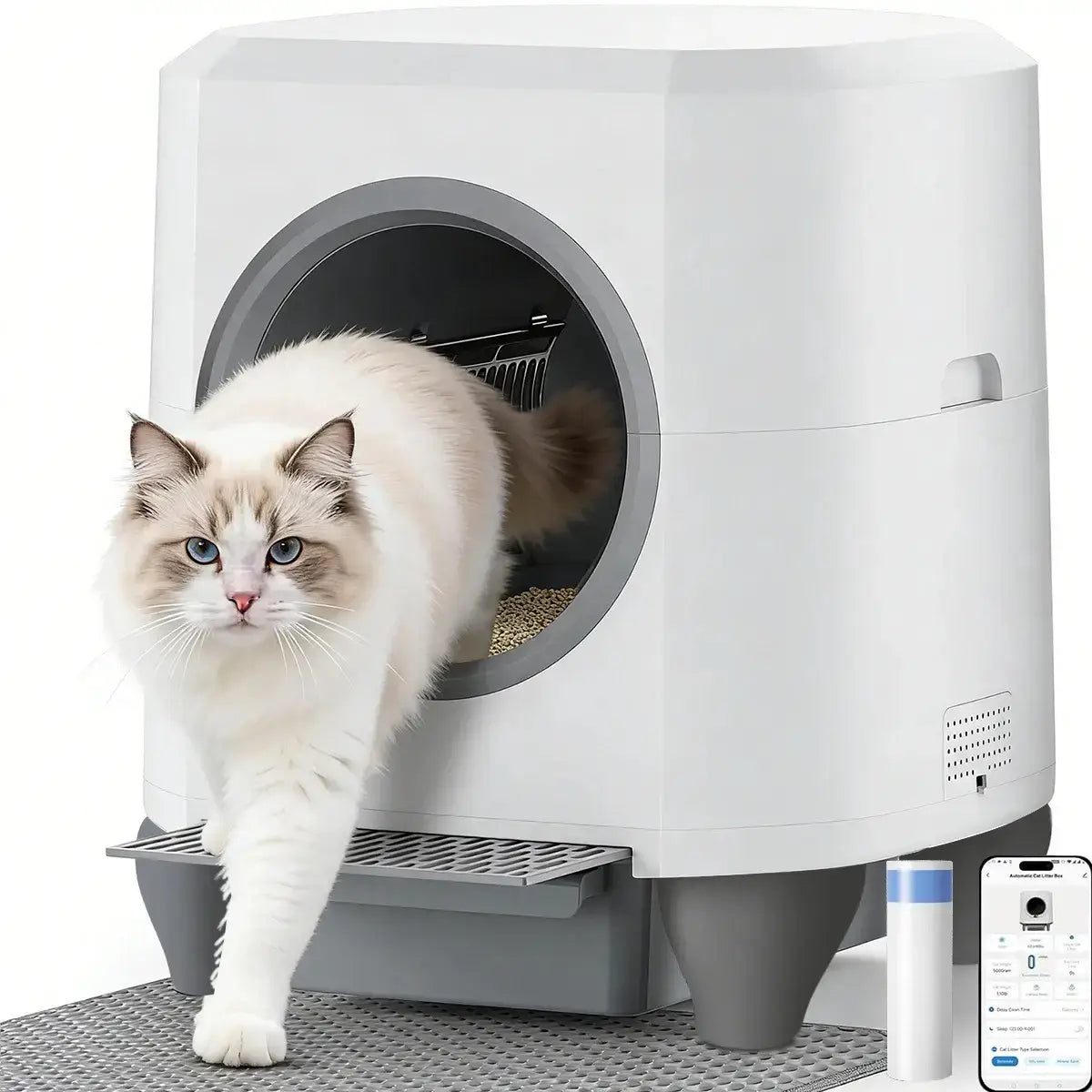 Litiere automatique CocoonPro photo fond blanc avec un chat