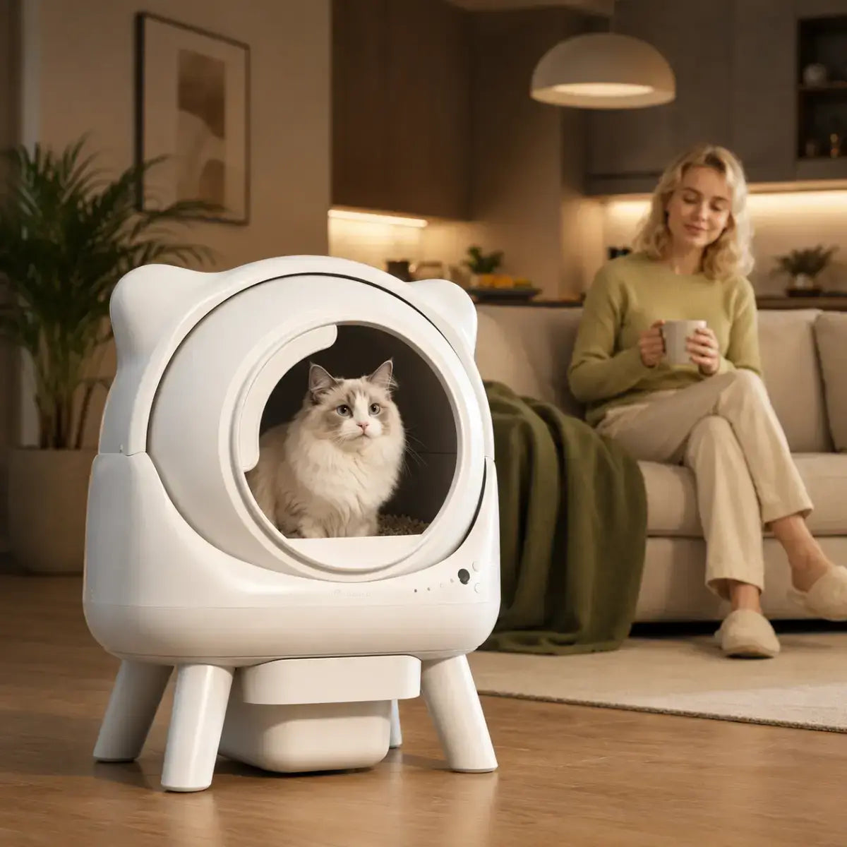 Litière automatique IconCat Blanc dans un salon avec une femme assise sur le canapé