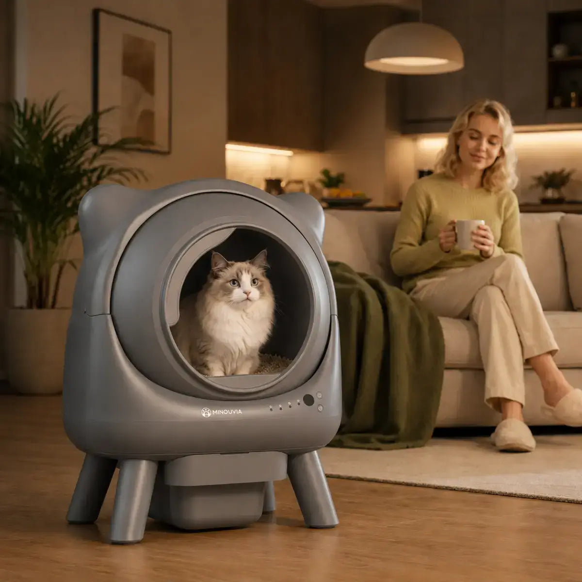Litiere automatique IconCat Gris avec chat et femme dans un salon