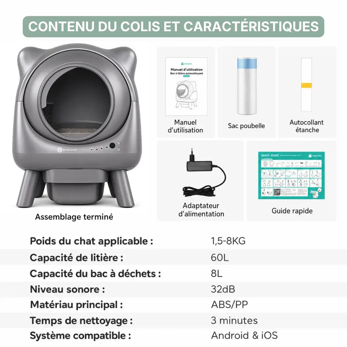 Litiere automatique IconCat Gris contenu colis