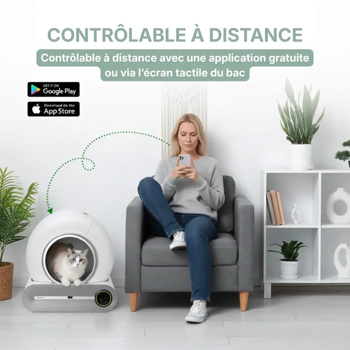 Litière Automatique Autonettoyante pour Chat avec femme contrôlant via l'application