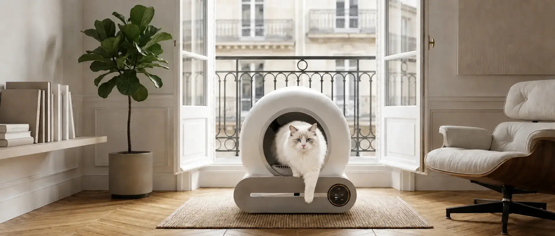 Litière automatique avec un chat dedans dans un appartement français moderne