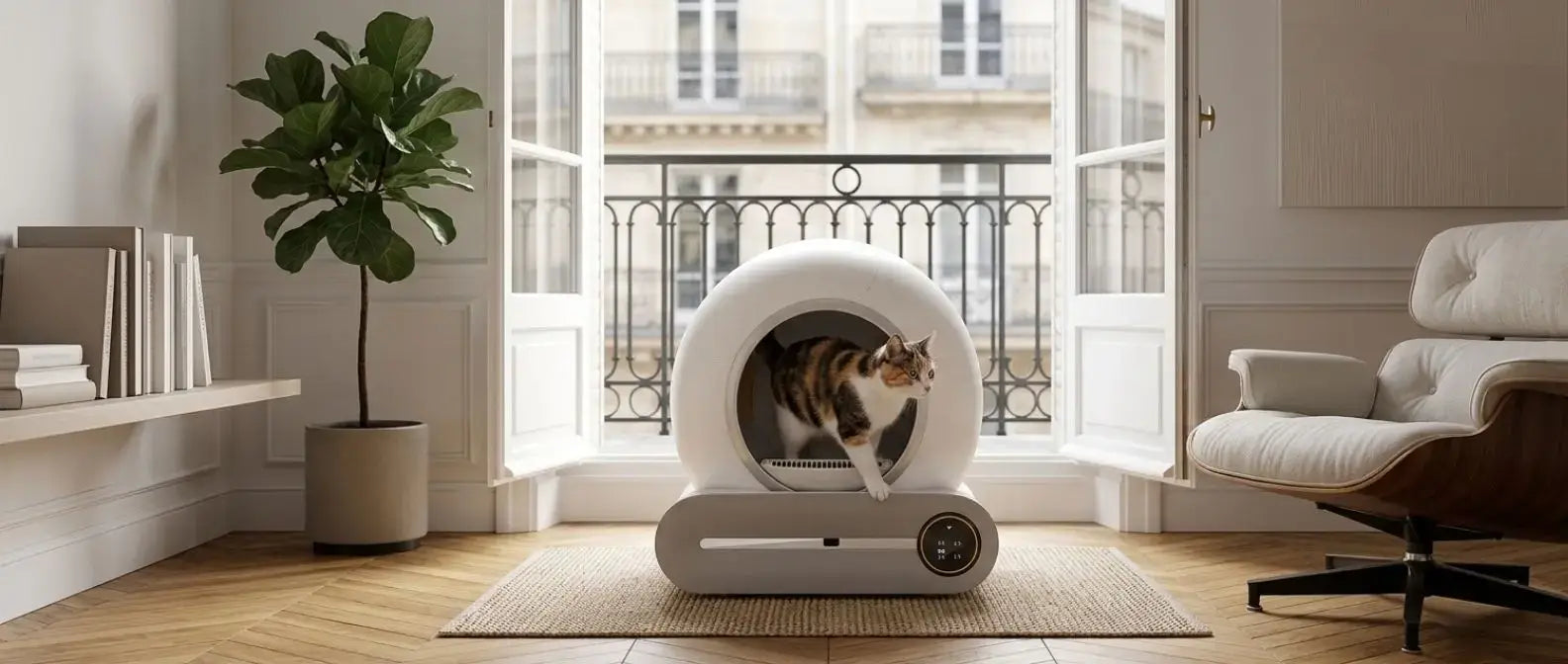 Litière automatique avec un chat dedans dans un appartement français moderne