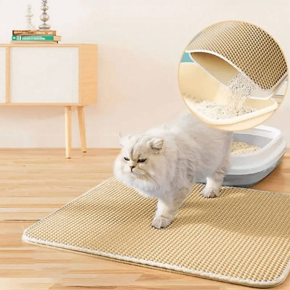 Tapis de Litière pour Chat Double Couche - EVA jaune avec un chat dessus
