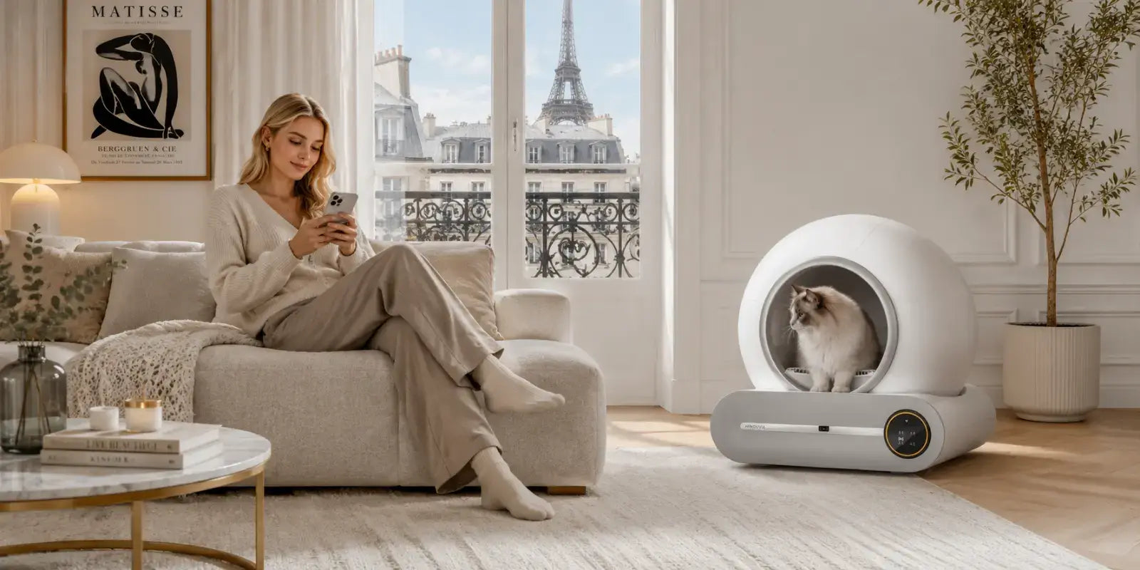 femme dans son salon parisien avec un chat utilisant une litière automatique