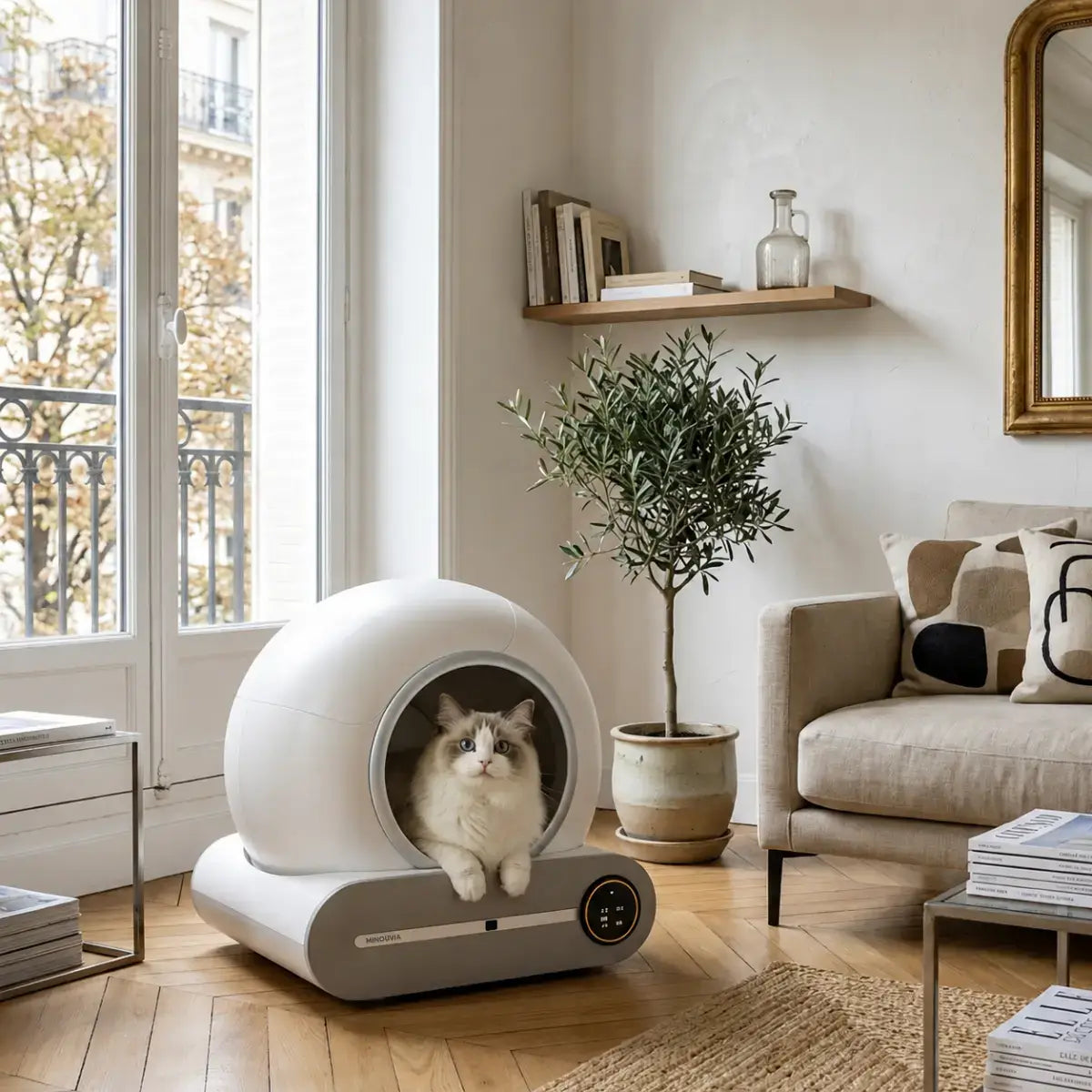 litiere-automatique-pour-chat-minouvia-dans-un-salon-francais